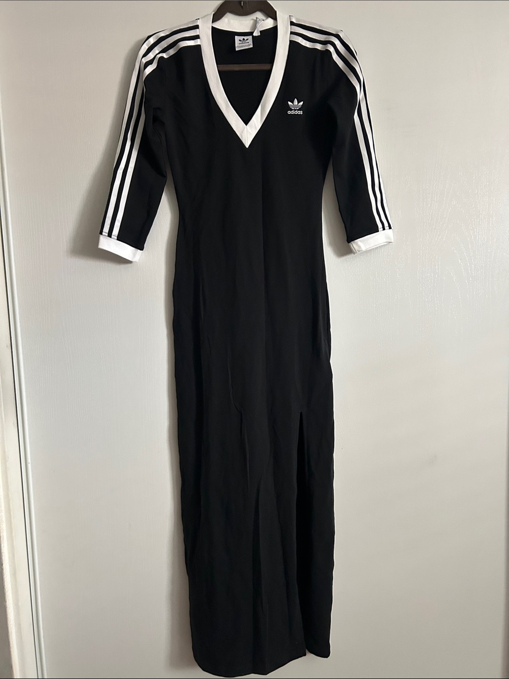 adidas Black Maxi Dress with White V-Neck and Three Stripes